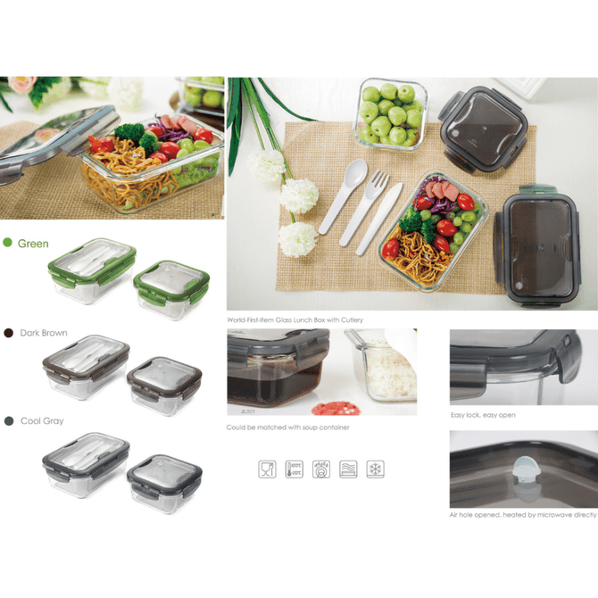 A green, dark brown, and coal grey lunch box set with locking lids and a soup container, featuring colourful food items.