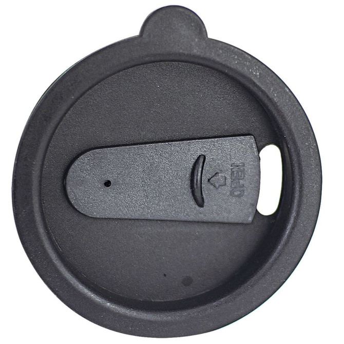 A black coffee mug lid featuring a slide opening mechanism and a built-in stopper, with a logo present.