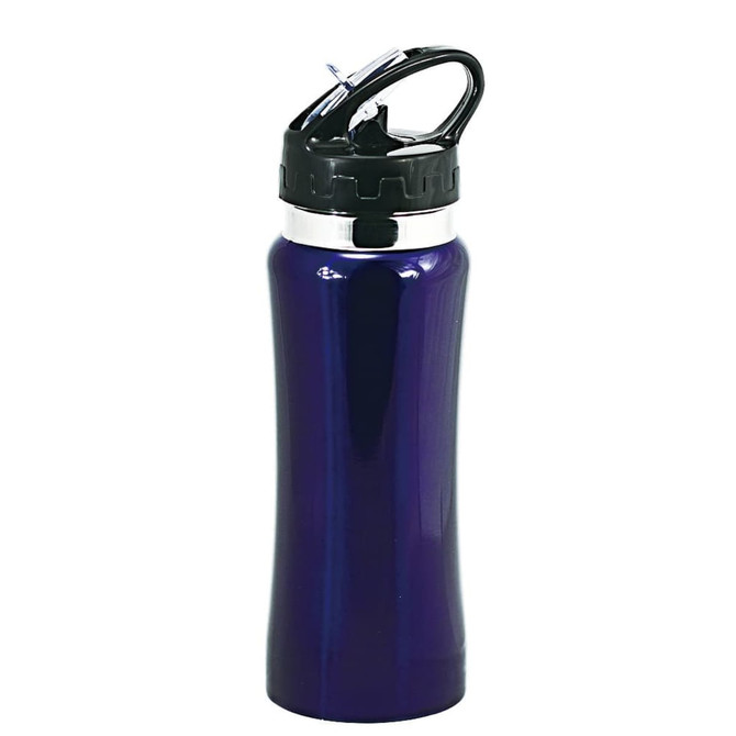 A drink bottle in a vibrant purple colour with a black top and a flip cap, featuring a logo.