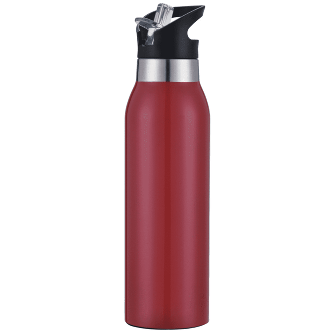 A drink bottle in a glossy red finish with a black, flip-top lid and a straw. Features a logo on the side.