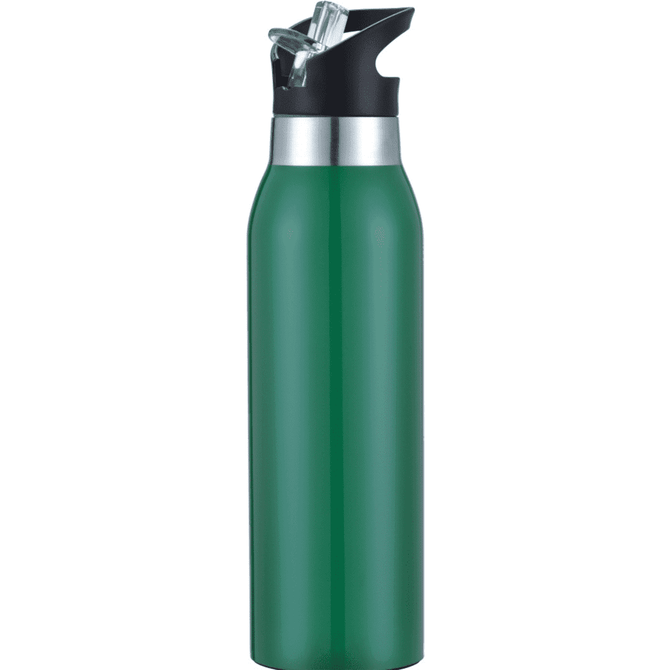 A drink bottle in a vibrant green hue with a silver and black spout and a sleek design.