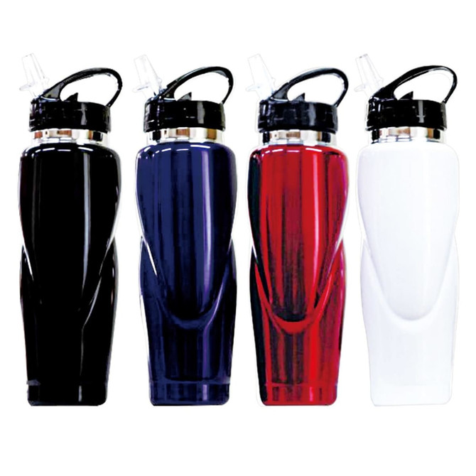 A drink bottle featuring a sleek design, available in black, navy, red, and white, with a logo on the side.