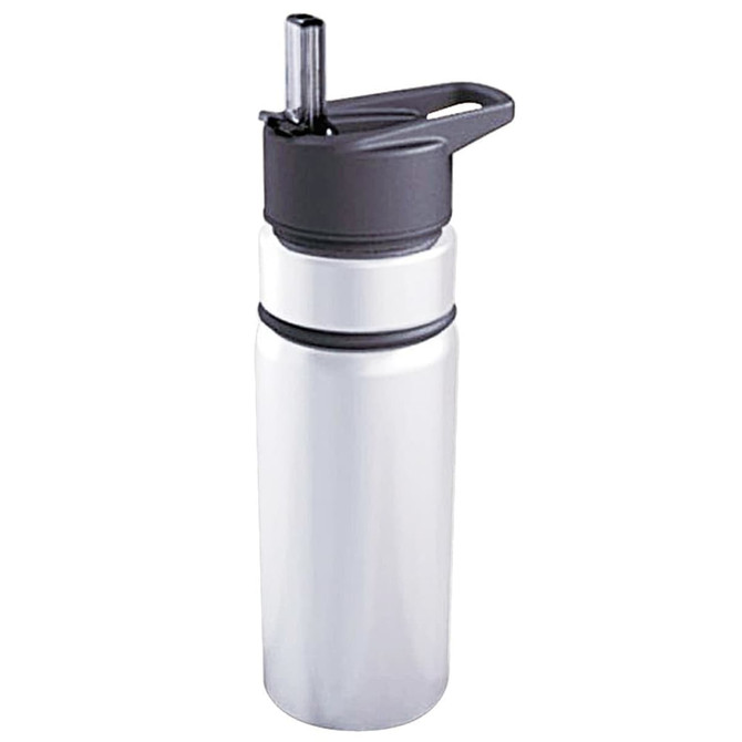 A drink bottle in silver and black with a straw and a handle, featuring a sleek, modern design.