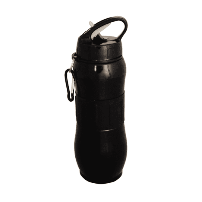 A drink bottle in black with a carabiner clip and a textured grip. It has a flip-top lid and a branding logo.