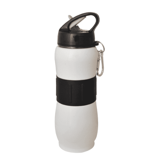 A drink bottle in white with a black lid and removable grip, featuring a carabiner for easy attachment.