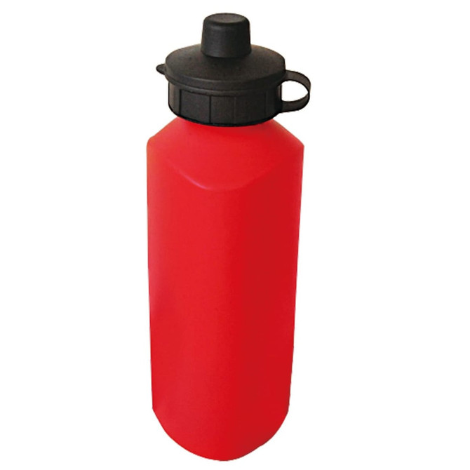 A drink bottle in red with a black lid and a loop for easy carrying. Features a logo on the front.