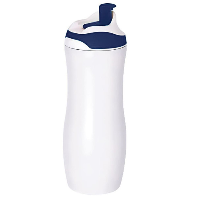 A drink bottle in white with a navy blue lid and spout, featuring a branded logo.