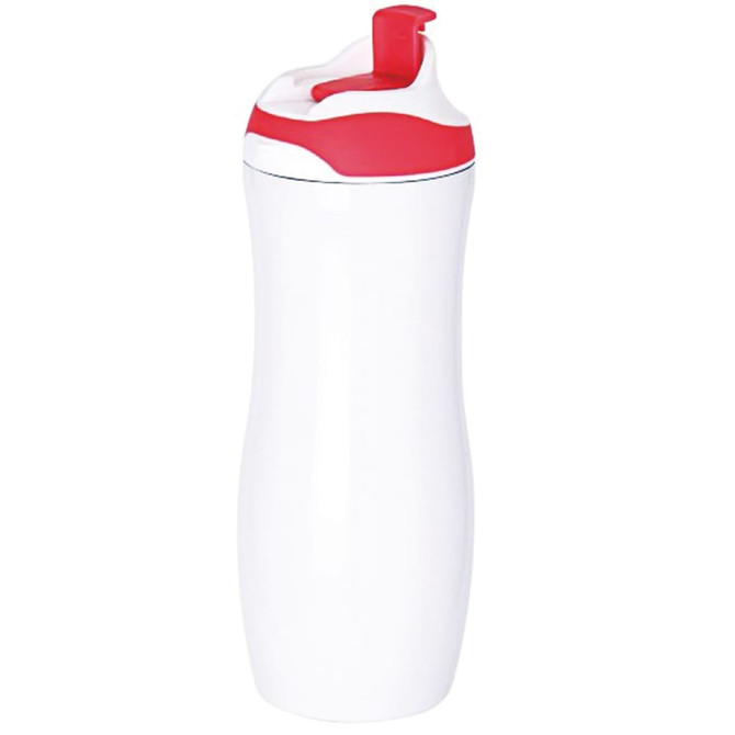 A drink bottle in white with a red cap and spout, featuring a sleek design and a logo.