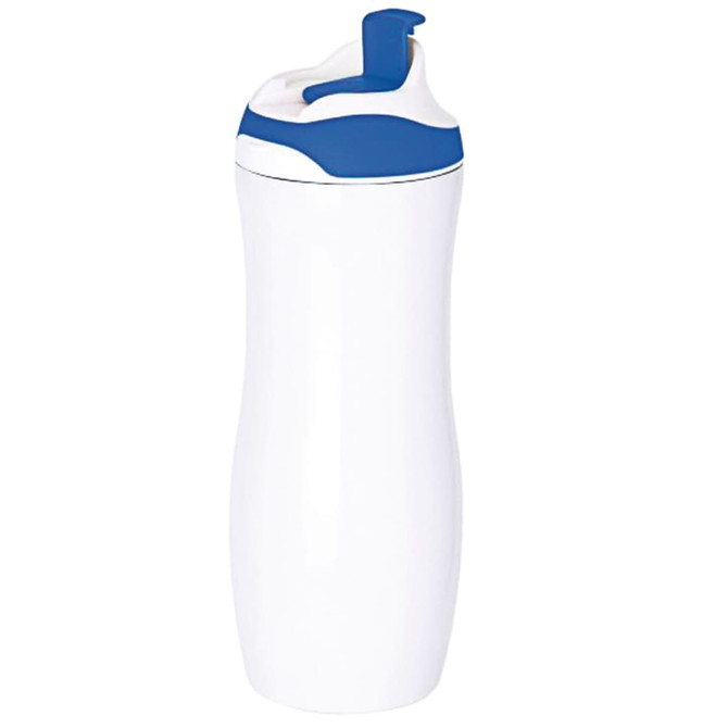 A drink bottle in white with a blue lid and spout, featuring a curved design and a logo.