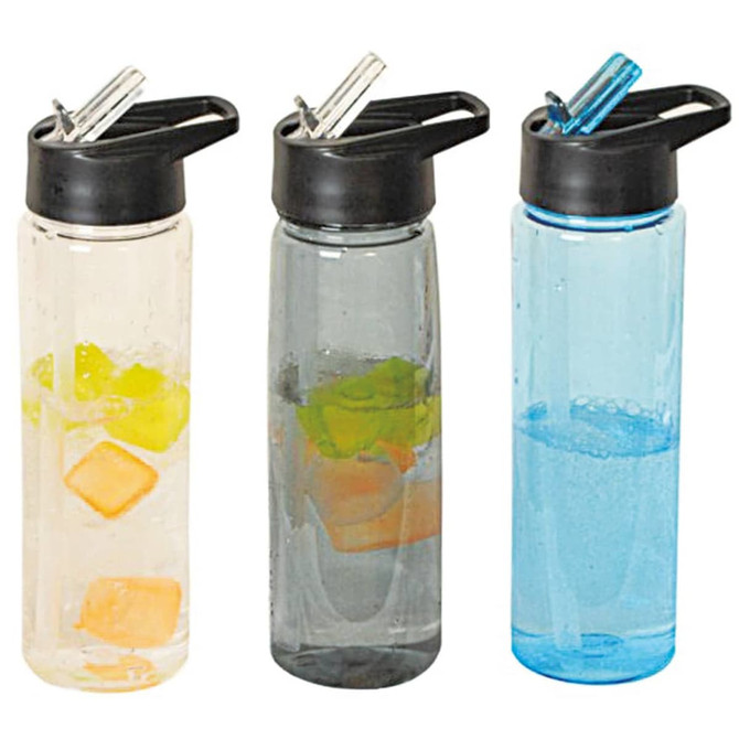 A drink bottle in three variations: clear with fruit, grey, and blue, all featuring a black lid and straw.