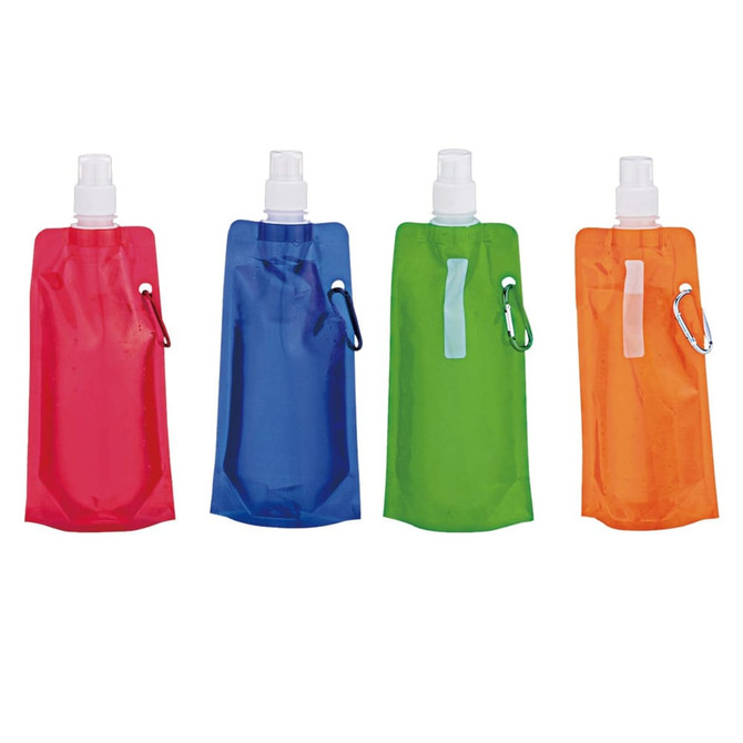 A drink bottle set featuring four colours: red, blue, green, and orange, each with a spray nozzle and a logo.