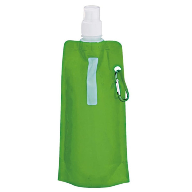 A drink bottle in bright green, featuring a clear nozzle and a small carabiner clip. It has a simple logo.