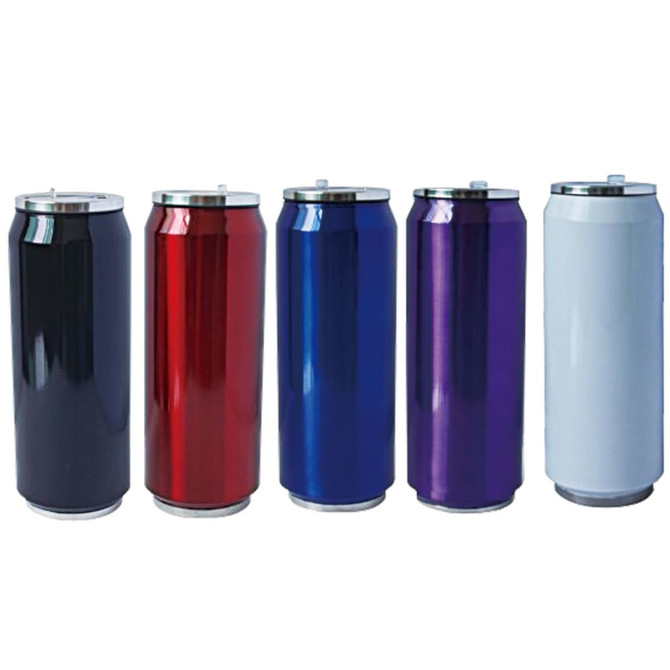 A drink bottle collection featuring five cylindrical designs in black, red, blue, purple, and white, each with a silver lid.