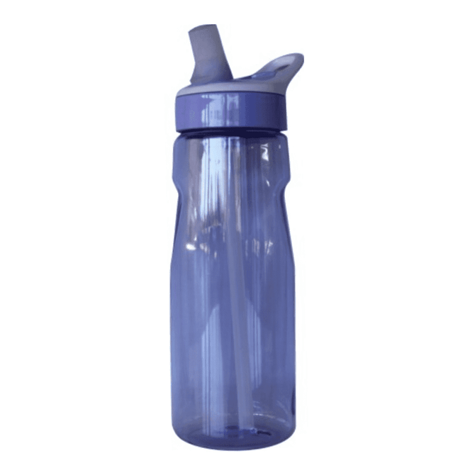 A drink bottle in transparent purple with a flip-top spout and a built-in straw. Includes a logo on the cap.