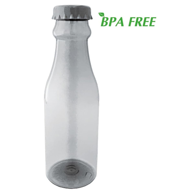 A drink bottle in a translucent greyish shade with a grey lid, featuring a logo. BPA free label visible.