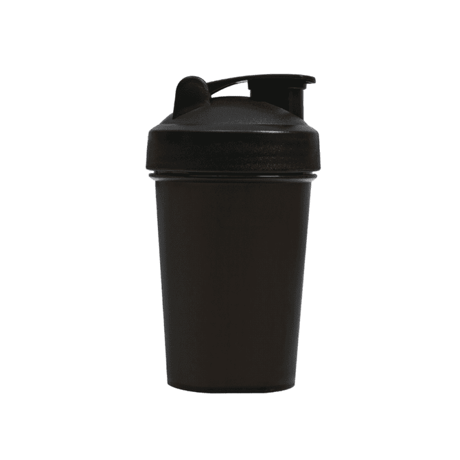 A drink bottle in black with a secure lid and a flip-top spout, featuring a logo.