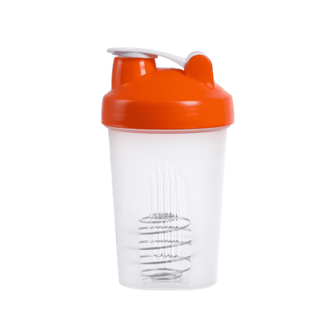 A drink bottle with a clear body and an orange lid, featuring a mixing ball inside and a flip-top cap.