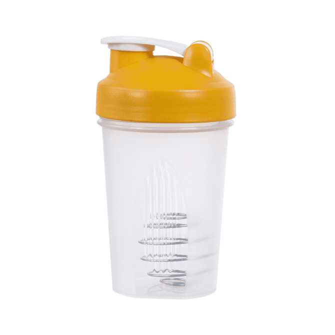 A drink bottle with a yellow lid and transparent body, featuring a wire mixing ball inside. It has a logo on the side.