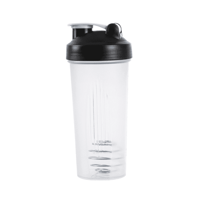 A drink bottle with a transparent body and a black lid, featuring a built-in shaker and measurement markings.