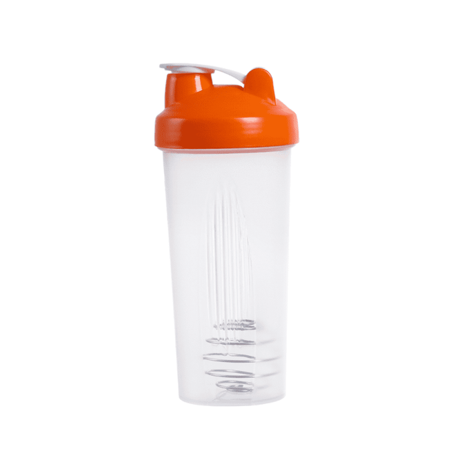 A drink bottle with a transparent body and an orange lid, featuring a mixing ball inside. It has a logo on the front.