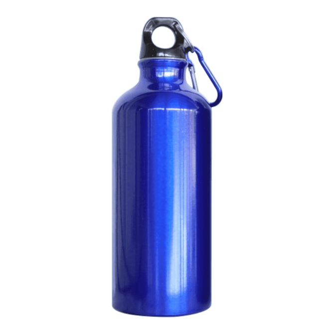 A drink bottle in a glossy blue finish, featuring a black cap and a metal loop for attachment.