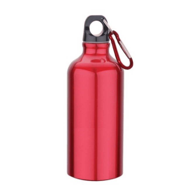 A drink bottle in vibrant red, featuring a metallic finish and a carabiner clip. It has a simple logo on the side.