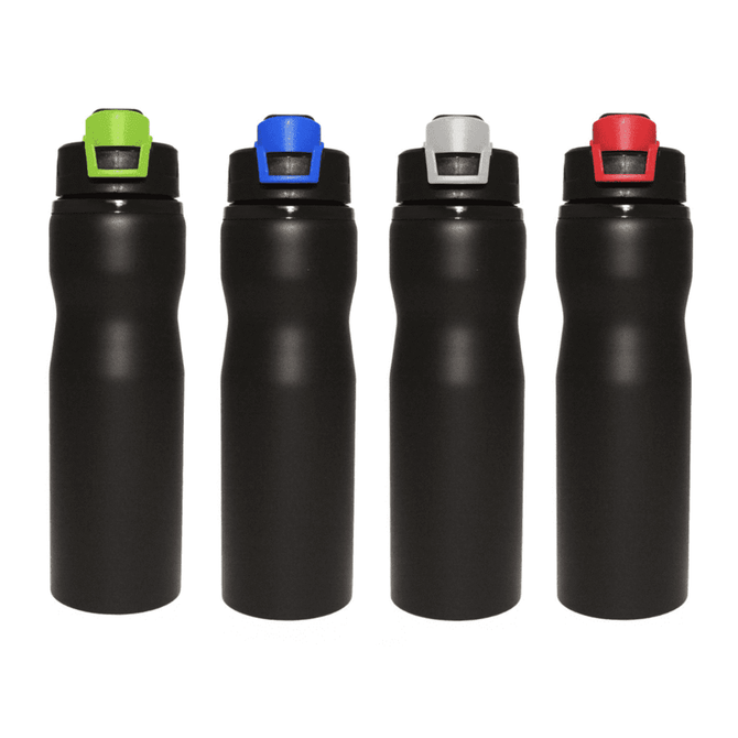 A drink bottle in matte black with spouts in green, blue, grey, and red. Each bottle has a matching cap.