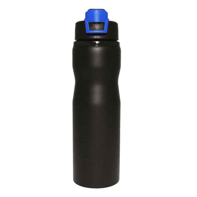 A drink bottle in black with a blue cap and a logo on the front.