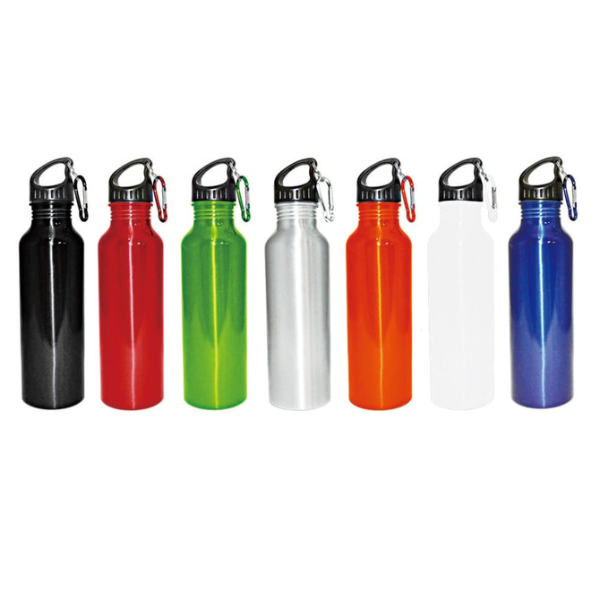 A drink bottle collection featuring black, red, green, silver, orange, white, and blue colours, each with a carabiner.