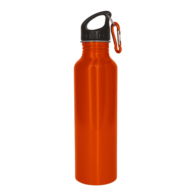 A drink bottle in bright orange with a black cap and carabiner attached. It features a logo.
