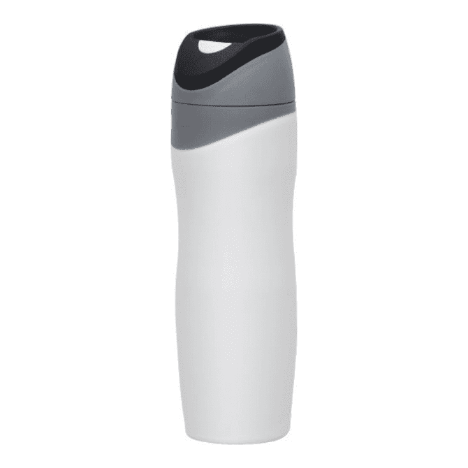 A drink bottle with a sleek white body and a grey, curved lid featuring a built-in handle.