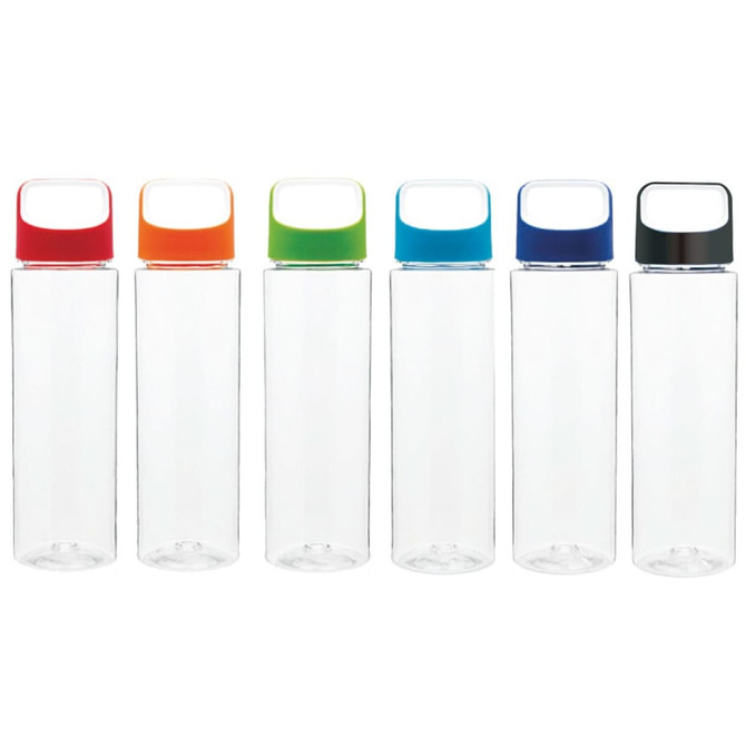 A drink bottle collection featuring clear bottles with brightly coloured lids including red, green, blue, and black.