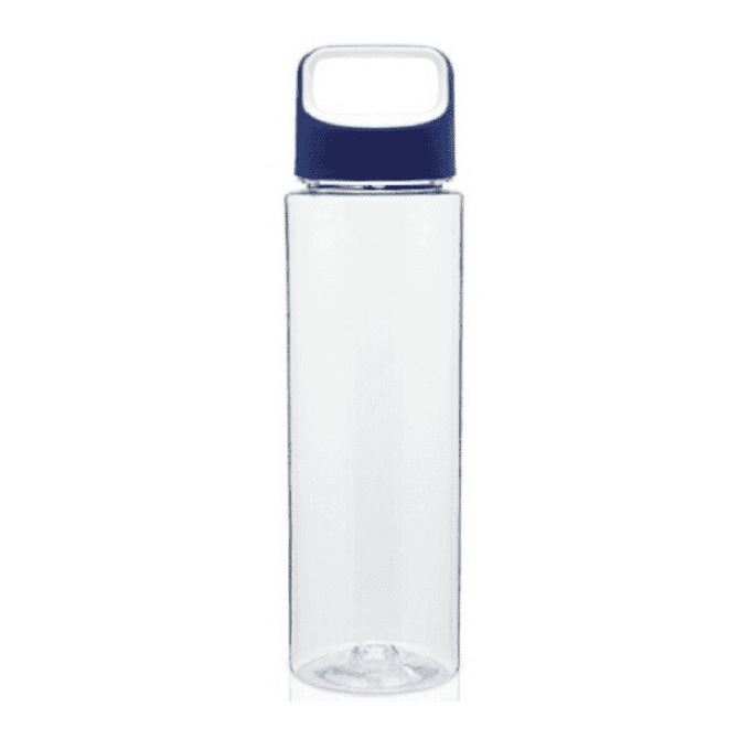 A drink bottle with a clear body and a navy blue cap, featuring a logo on the side.