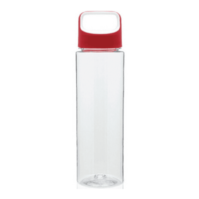 A drink bottle with a clear body and a red lid, featuring a simple design and a logo.