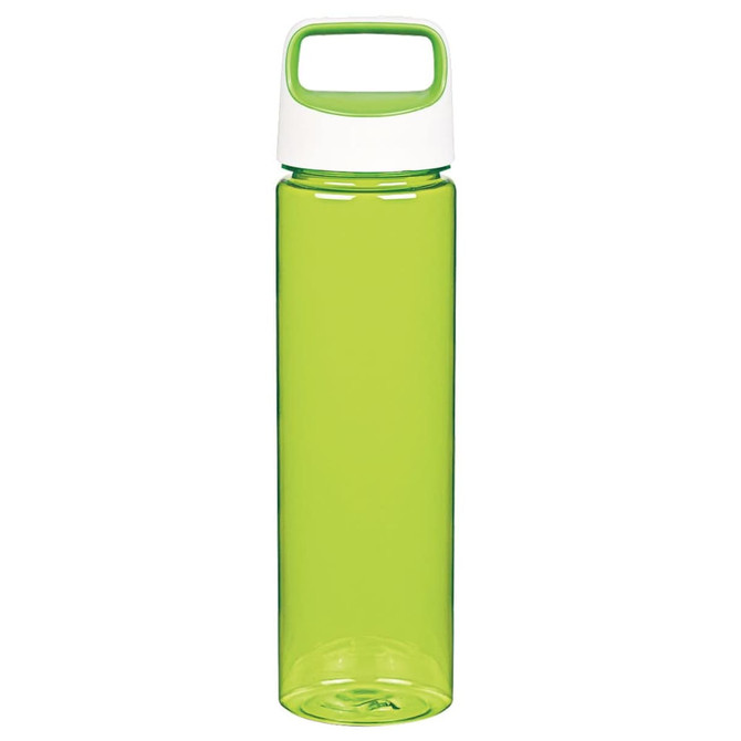 A drink bottle in vibrant green with a white cap and handle, featuring a logo on the side.