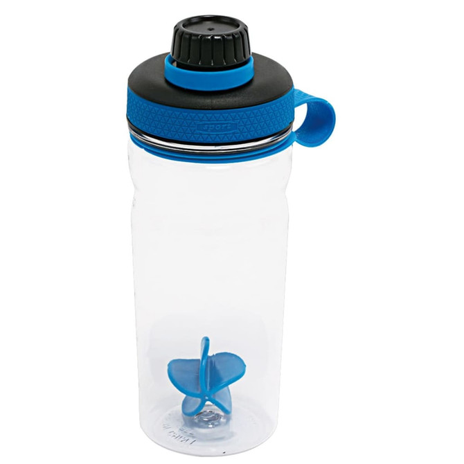 A drink bottle with a transparent body, blue accents, and a black cap featuring a logo.