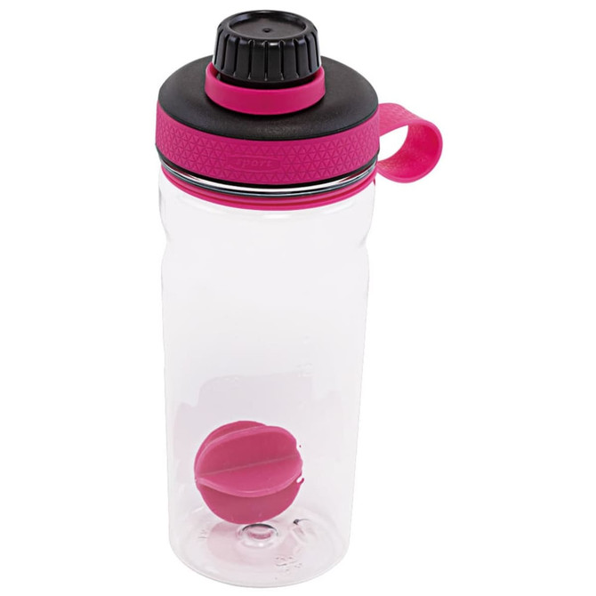 A drink bottle in clear plastic with pink accents and a black lid, featuring a round ball inside.