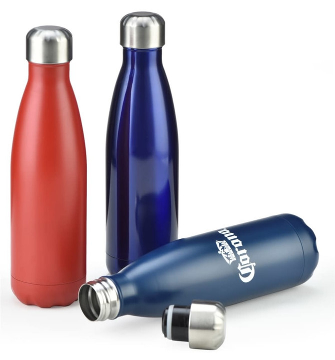A drink bottle set featuring three metal bottles in red, blue, and navy, with stainless steel lids and a logo.