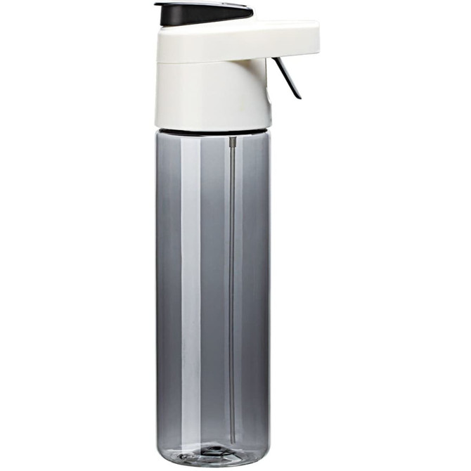 A drink bottle in grey and white with a spray nozzle, featuring a logo on the side.