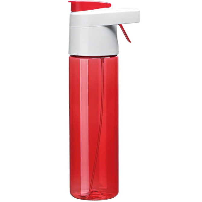 A drink bottle with a clear red body and a white pump lid, featuring a logo on the side.