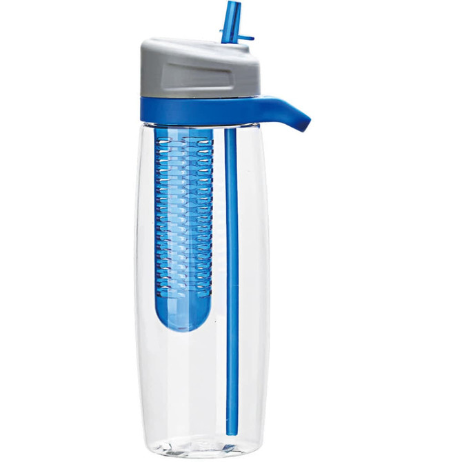 A drink bottle in clear plastic with a grey cap and blue detailing, featuring a built-in straw and infuser.