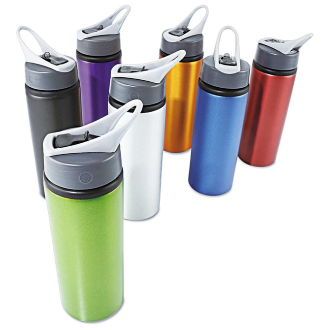 A drink bottle collection in various colours, including green, red, blue, purple, orange, black, and white, with a logo.