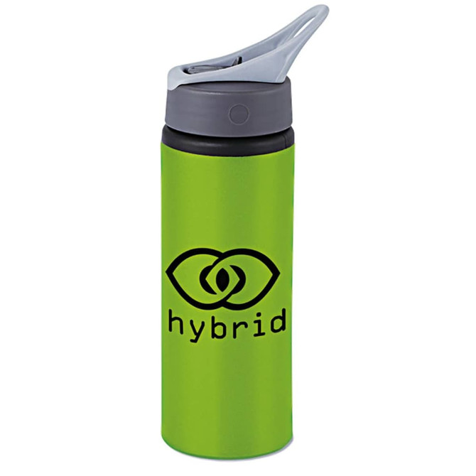 A drink bottle in vibrant green with a grey lid and a logo on the side.