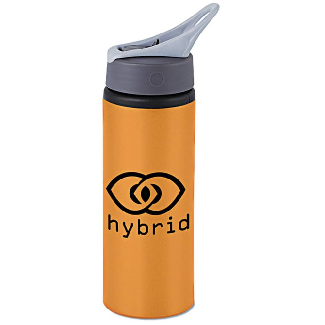 A drink bottle in orange with a grey lid and a logo printed on the side.