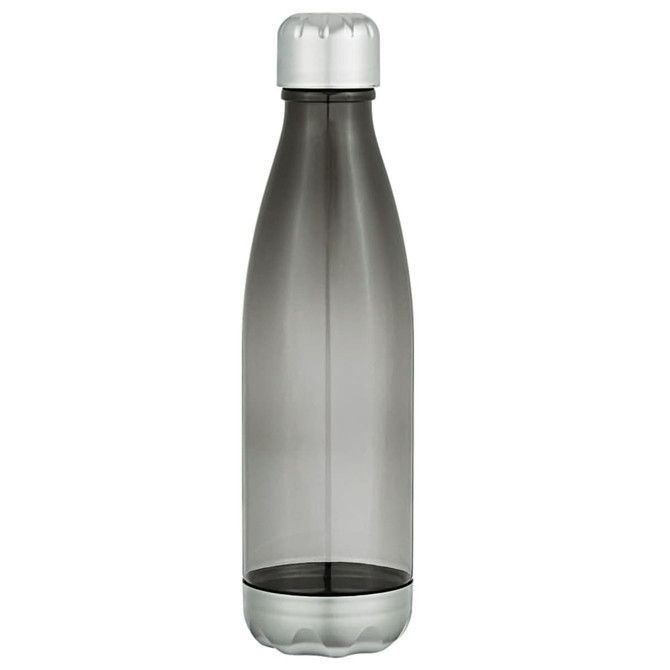 A drink bottle in a grey transparent finish with a silver cap and base, featuring a logo.