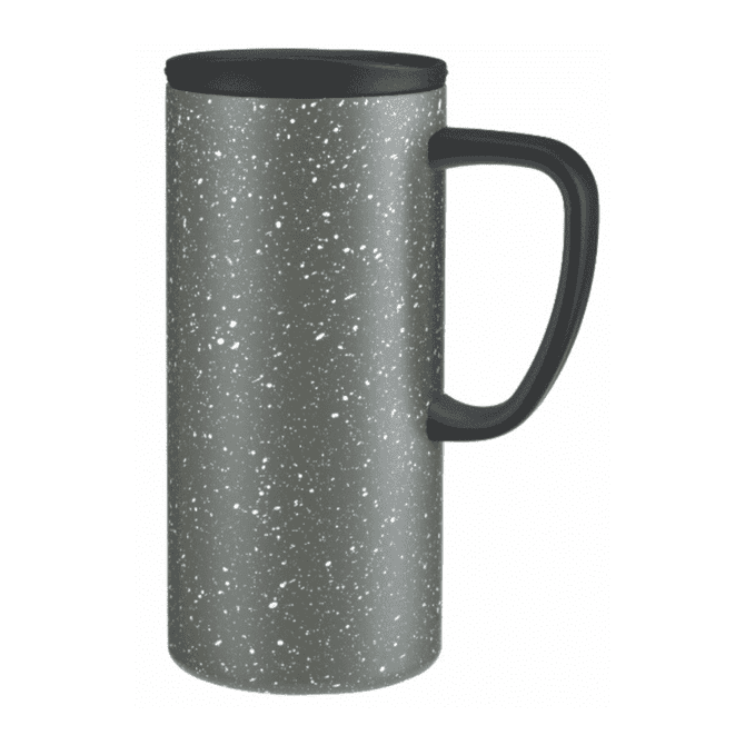 A drink bottle featuring a speckled grey design with a black handle and lid. It has a logo on the surface.