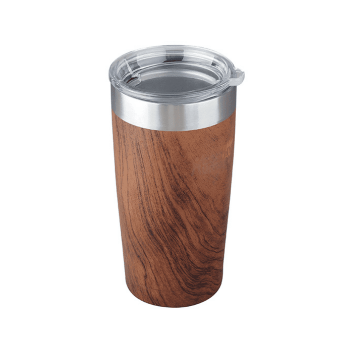 A drink bottle featuring a wooden finish with a stainless steel band and a clear lid.