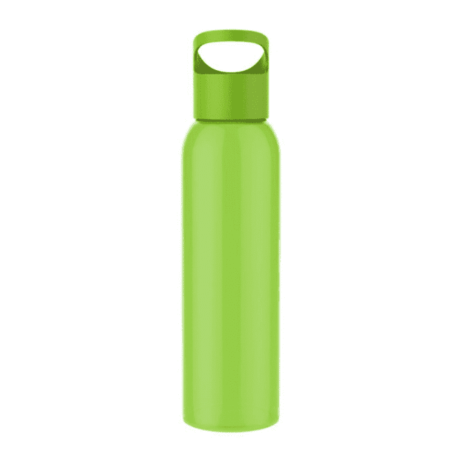 A drink bottle in bright green, featuring a handle and a sleek design with a branding logo.