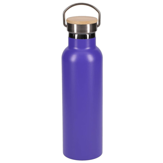 A drink bottle in vibrant purple with a stainless steel lid and a wooden top handle.
