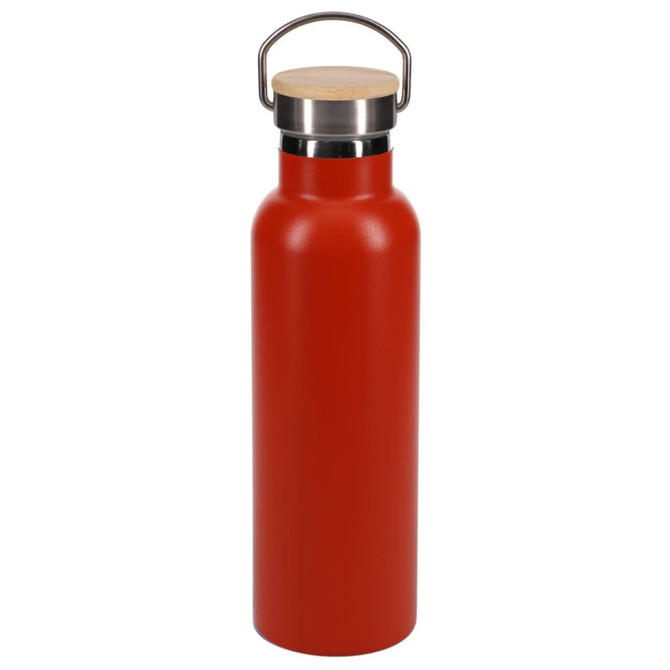 A drink bottle in vibrant red with a stainless steel lid and a bamboo top. It features a handle for easy carrying.